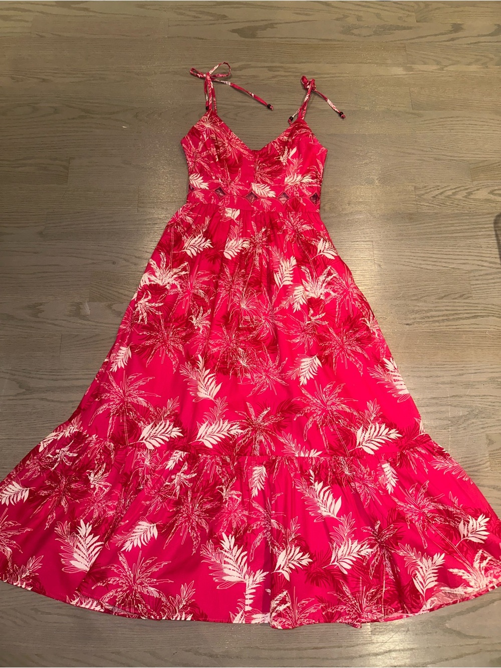 Women's Pink Tropical Print Maxi Dress with Tie Straps